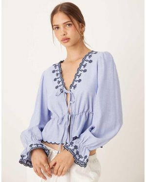 Jdy Tie Front Embroidery Detail Top - Blue