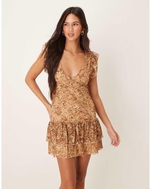 Motel Lotri Lace Wrap Ruffle Edge Mini Dress - Natural