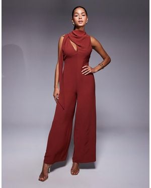 ASOS Cowl Draped Neck Wide Leg Jumpsuit With Tie Detail - Red