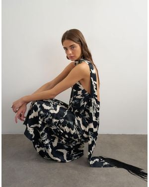 TOPSHOP Satin Asymmetric Halter Neck Maxi Dress With Fringed Scarf - White