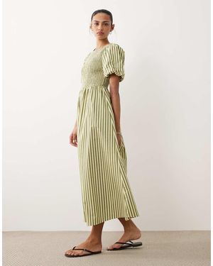 New Look Stripe Shirred Midi Dress - Natural