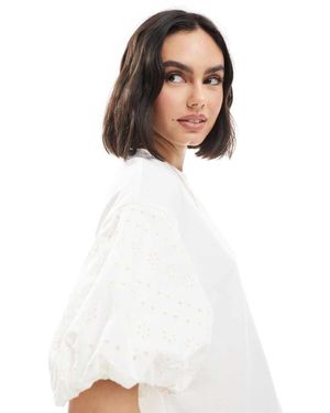 Miss Selfridge Broderie Puff Sleeve T-shirt - White