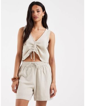 Pieces Crinkle Cotton High Waisted Shorts Co-ord - White