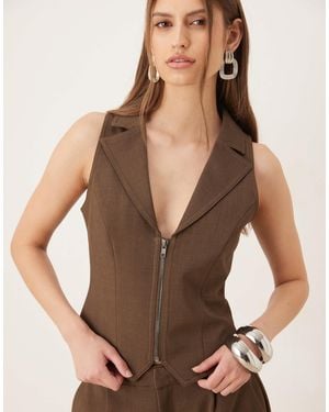Wanderdoll Maeve Tailored Zip Detail Plunge Halter Top Co-ord - Brown