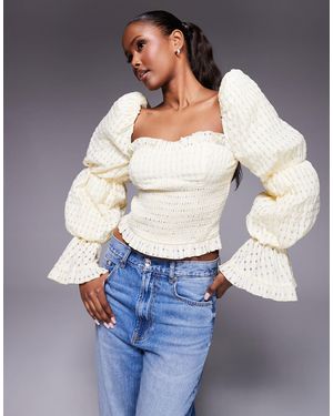 ASOS Shirred Textured Gingham Puff Sleeve Top - Gray