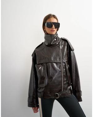TOPSHOP Oversized Faux Croc Leather Fold Funnel Biker - Black