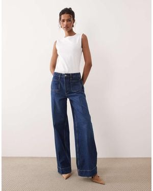 ASOS High Rise Wide Leg Jeans With Front Pockets - Blue
