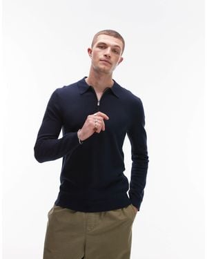 TOPMAN – essential – polohemd mit kurzem reißverschluss und wollanteil - Blau