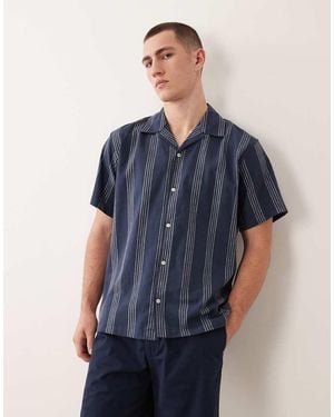 Jack & Jones Linen Mix Short Sleeve Shirt With Stripes - Blue