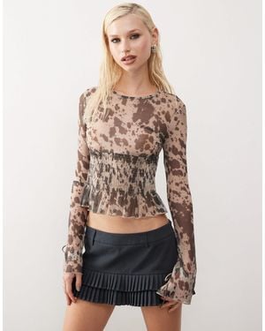 Monki Long Sleeve Mesh Shirred Top - Natural