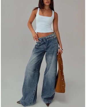 Princess Polly Paltrow Mid Rise Eyelet Belt Waist Detail Wide Leg Jeans - Blue