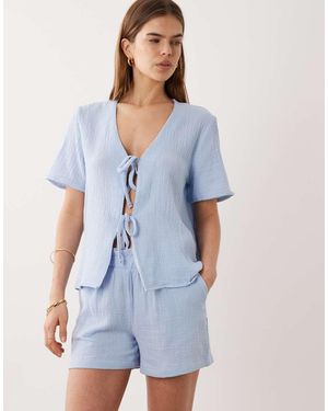 Jdy Short Sleeve Tie Front Cheesecloth Shirt - Blue