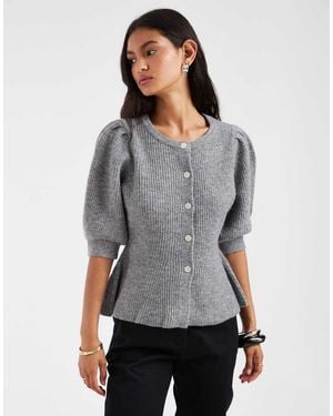 Pieces Puff Sleeve Waist Detail Cardigan - Grey