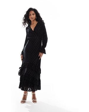 Lovedrobe Flocked Polka Dot Midaxi Dress - Black