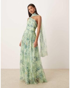 LACE & BEADS One Shoulder Scarf Neck Maxi Dress - Green