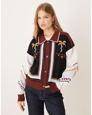 Never Fully Dressed Geometric Contrast Stitch Knitted Bomber Jacket - Natural