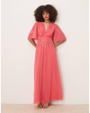 Hope & Ivy Plunge Front Embellished Maxi Dress - Pink