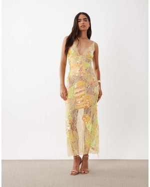 ASOS Transparentes spitzen-cami-maxikleid mit platziertem schmuckbesatz - Natur