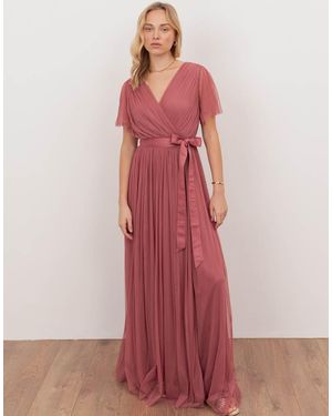 ANAYA Tulle Faux Wrap Short Sleeve Maxi Dress - Red