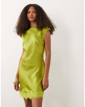 ASOS Slash Neck Satin Mini Dress With Lace Hem - Green