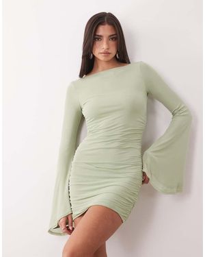 ASOS Mesh Waterfall Sleeve Ruched Mini Dress - Green