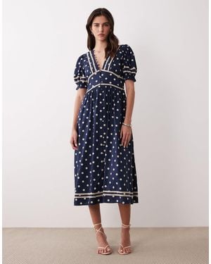 Nobody's Child Saffy Puff Sleeve Lace Detailing Button Up Midi Dress - Blue