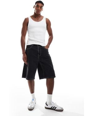 Hollister Short en jean ultra baggy avec broderies - délavage foncé - Blanc