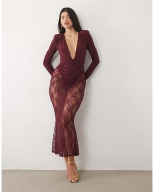 ASOS Long Sleeve Lace Maxi Dress With Drape Detail - Red