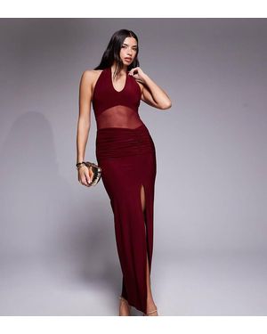 Kaiia Exclusive Double Layered Slinky Halterneck Sheer Mesh Panel Maxi Dress
