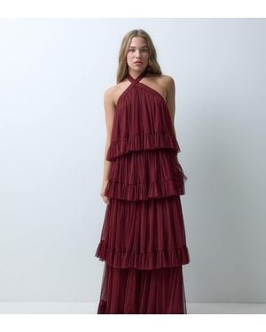 LACE & BEADS Tulle Cross Neck Tiered Maxi Dress