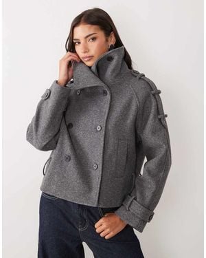 Gina Tricot High Neck Short Jacket With Wool - Grey