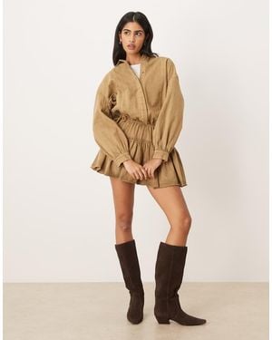 ASOS Long Sleeve Blouson Tie Waist Mini Shirt Dress - Natural