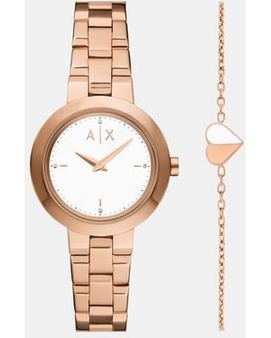 ARMANI EXCHANGE Two-Hand Rose-Tone Stainless Steel Gift Set - White