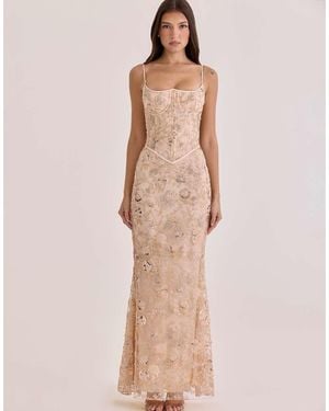 House Of Cb Naima Peach Hand Beaded Embellished Corset Maxi Dress - Natural