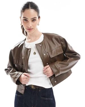 ASOS Cropped Collarless Leather Look Jacket - Brown