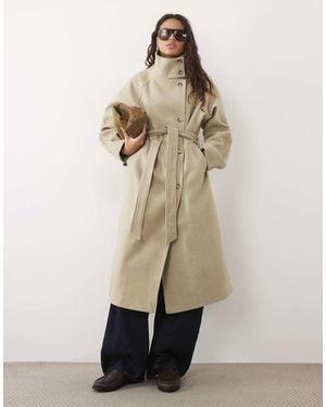 Pieces Funnel Neck Belted Formal Wool-Feel Coat - Natural