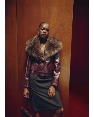 Mango Faux Leather Short Jacket With Faux Fur Collar - Brown