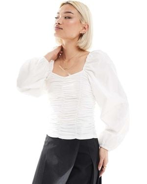 Pieces Ruched Jersey Top With Statement Sleeves - White