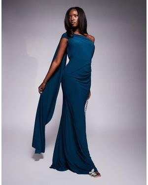 ASOS Premium One Shoulder Drape Detail Maxi Dress With Train - Blue