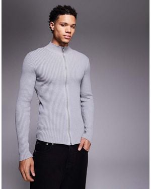 ASOS Muscle Fit Knitted Rib Zip Through Jacket - Grey
