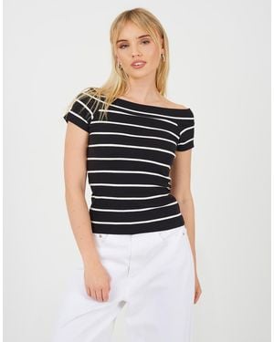 Brave Soul Striped Scoop Neck Short Sleeve Top - Black
