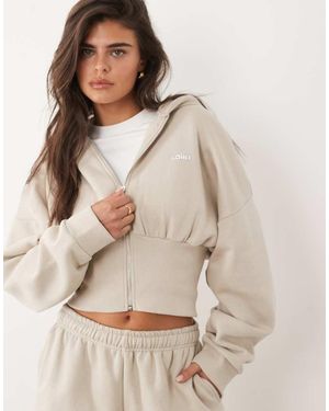 Kaiia Cotton Rich Silver Hardware Logo Zip Through Cinched Waist Hoodie - Natural