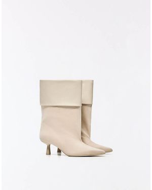 Bershka Turn-Down Cuff Heeled Ankle Boots - White
