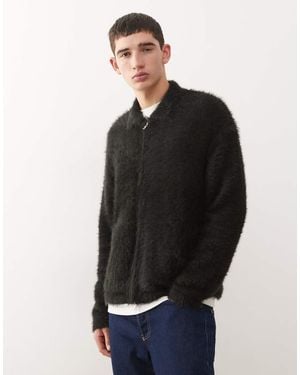 Weekday Hairy Knit Zip Cardigan With Collar - Black