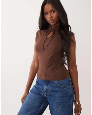 ASOS Mandarin Collar Tie Neck Cap Sleeve Top - Blue