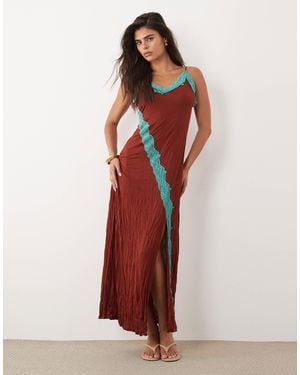 ASOS Crinkle Contrast Lace Trim Maxi Dress - Red