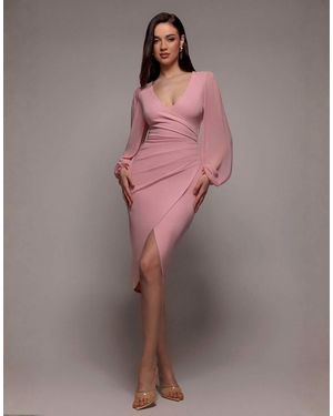 Goddiva Sculpting Stretch Jersey & Chiffon Balloon Sleeve Wrap Midi Dress - Pink