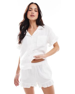 New Look Double Cloth Frill Trim Pyjama Set - White