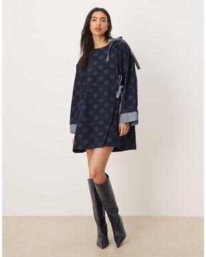Ghospell Exclusive Denim Bow Detail Boxy Mini Dress - Blue
