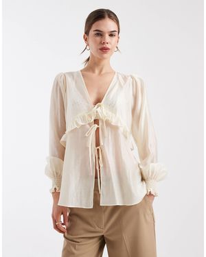 4th & Reckless Semi Sheer Chiffon Tie Split Front Frill Detail Blouse - Natural